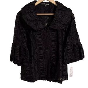 NWT Sexy Black Women M Button Up Lace Ruffle Blouse Cocktail Hour Balloon Sleeve